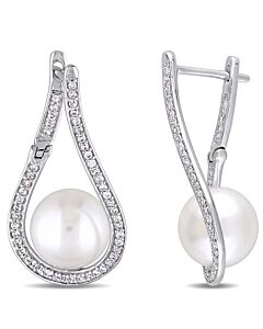 AMOUR 9 - 9.5 Mm Cultured Freshwater Pearl and 1/3 CT TW Diamond Tear Drop Earrings In 14K White Gold