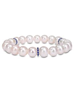 Amour 9-9.5 MM Cultured Freshwater Pearl and 2/5 CT TGW Created Blue Sapphire and Diamond Rondelles Bracelet in Sterling Silver