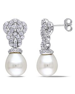 AMOUR 9 - 9.5 Mm White Cultured Freshwater Pearl Earrings with Created White Sapphire In Sterling Silver