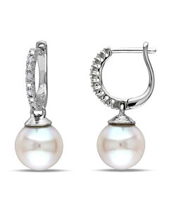 AMOUR 9 - 9.5 Mm White Cultured Freshwater Pearl Earrings with Diamonds In Sterling Silver