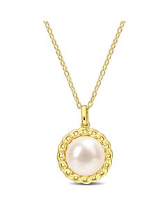 AMOUR 9-9.5mm Cultured Freshwater Pearl Halo Link Pendant with Chain In Yellow Plated Sterling Silver