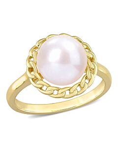Amour 9-9.5mm Cultured Freshwater Pearl Halo Link Ring in Yellow Plated Sterling Silver