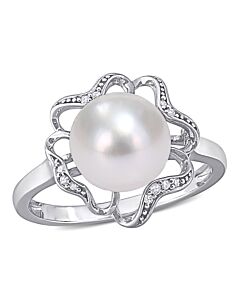 Amour 9-9.5mm Freshwater Cultured Pearl and Diamond-Accent Floral Cocktail Ring in Sterling Silver