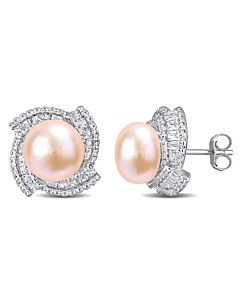 AMOUR 9-9.5mm Pink Freshwater Cultured Pearl and 2 1/8 CT TGW Cubic Zirconia Swirl Earrings In Sterling Silver