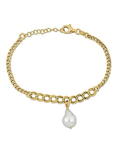 Amour 9 MM Cultured Freshwater Natural Shape Pearl Bracelet with Graduating Link Chain in Yellow Gold Plated Sterling Silver