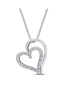 AMOUR 1/10 CT TDW Diamond Double Heart Pendant with Chain In Sterling Silver