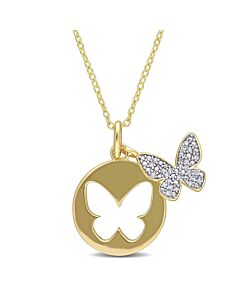 AMOUR 1/10 CT TW Diamond Double Butterfly Pendant with Chain In Yellow Plated Sterling Silver