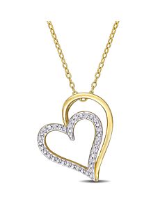 AMOUR 1/10 CT TDW Diamond Double Heart Pendant with Chain In Yellow Plated Sterling Silver