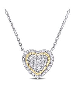 AMOUR 1/4 CT TW Diamond Rope Design Heart Pendant with Chain In White and Yellow Plated Sterling Silver