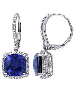 AMOUR 6 1/2 CT TGW Created Blue Sapphire and 1/5 CT TW Diamond Leverback Halo Earrings In Sterling Silver