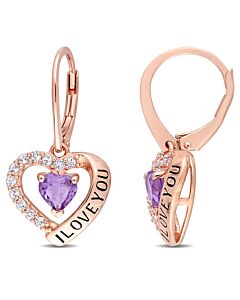 AMOUR C1 1/2 CT TGW Amethyst and White Topaz Heart 'i Love You' Leverback Earrings In Rose Plated Sterling Silver