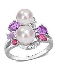 Amour Cultured Freshwater Pearl and 1 3/8 CT TGW Multi-Gemstone Cocktail Ring in Sterling Silver