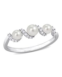 Amour Cultured Freshwater Pearl and 1/4 CT TGW Created White SapphireSwirl Ring in Sterling Silver