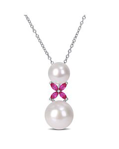 AMOUR Cultured Freshwater Pearl and Created Ruby Cross Pendant with Chain In Sterling Silver