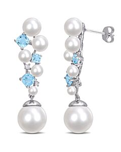 AMOUR Cultured Freshwater Pearl and Swiss Blue Topaz and Diamond Accent Cluster Drop Earrings In Sterling Silver