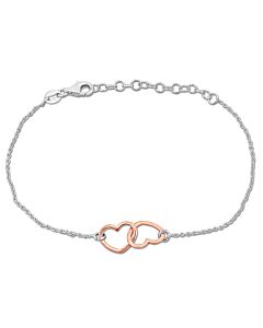 Amour Double Heart Charm Chain Bracelet in Two-Tone White and Rose Plated Sterling Silver