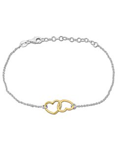 Amour Double Heart Charm Chain Bracelet in Two-Tone White and Yellow Plated Sterling Silver