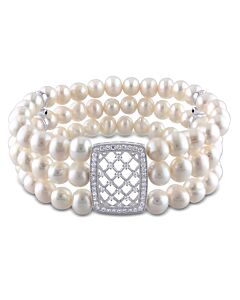 AMOUR Freshwater Cultured Pearl 3-Strand Stretch Bracelet with Sterling Silver Cubic Zirconia Lattice Center and Dividers