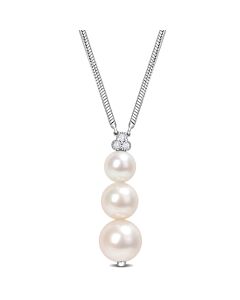 AMOUR Freshwater Cultured Pearl and 1/10 CT TGW White Topaz Graduated Pendant with Chain In Sterling Silver