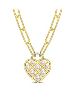 AMOUR Freshwater Cultured Pearl & Diamond Accent Heart Oval Link Chain Necklace In Yellow Plated Sterling Silver
