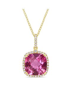 AMOUR Cushion Cut Checkerboard Pink Topaz and White Sapphire Halo Pendant with Chain In Yellow Plated Sterling Silver