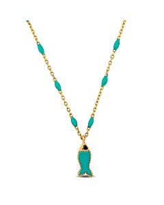 Amour Green Enamel Fish Necklace In 14K Yellow Gold