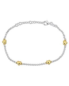 Amour Heart Charm Station Bracelet in Two-Tone White and Yellow Plated Sterling Silver