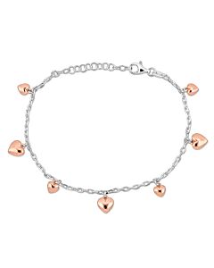 Amour Heart Charm Station Bracelet in White and Pink Plated Sterling Silver