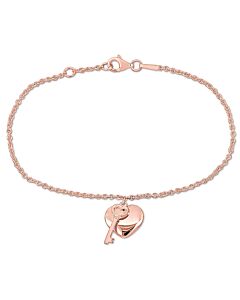Amour Heart & Key Charm Bracelet with Lobster Clasp in Pink Plated Sterling Silver