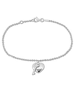 Amour Heart & Key Charm Bracelet with Lobster Clasp in Sterling Silver - 6.5+0.5