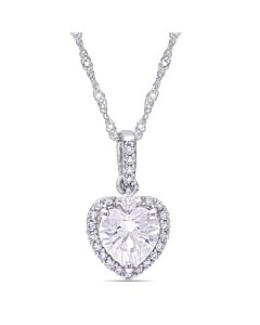 AMOUR 4/5 CT DEW Created Moissanite and 1/10 CT TW Diamond Heart Halo Pendant with Chain In 10K White Gold