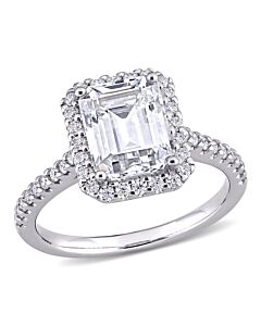 Amour Ladies 10k White Gold 3 Ct Emerald Cut White Moissanite Halo Ring