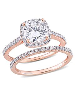 Amour Ladies 14k Rose Gold 2 Ct Cushion Cut White Moissanite And Diamond Wedding Set Ring