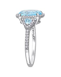AMOUR 4 CT TGW Sky-blue Topaz and 1/4 CT TW Diamond 3-sTone Halo Ring In 14K White Gold