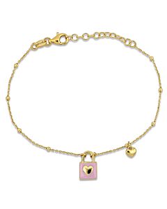 Amour Lock and Heart Pink Enamel Diamond Cut Cable and Ball Bead Chain Bracelet in Yellow Plated Sterling Silver