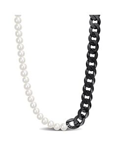 AMOUR Men's 7-7.5mm Cultured Freshwater Pearl and Curb-link Chain Necklace in Black Rhodium Plated Sterling Silver