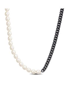 AMOUR Men's 7-7.5mm Cultured Freshwater Rice Pearl and Curb-link Chain Necklace In Black Plated Sterling Silver