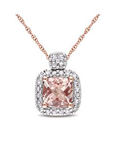 AMOUR Morganite and 1/10 CT TW Diamond Halo Necklace In 10K Rose Gold