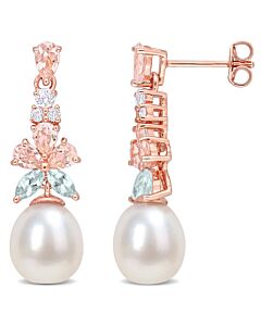 AMOUR Morganite, White Topaz and Aquamarine and 8.5 - 9 Mm White Cultured Freshwater Pearl Drop Earrings In Rose Plated Sterling Silver