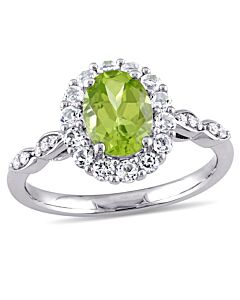 Amour Oval Shape Peridot, White Topaz and Diamond Accent Vintage Ring in 14k White Gold