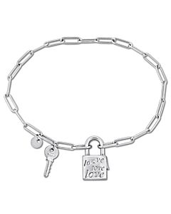 Amour Paper Clip Link Bracelet in Sterling Silver with Lock and Key Clasp
