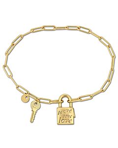 Amour Paper Clip Link Bracelet in Yellow Plated Sterling Silver with Lock and Key Clasp