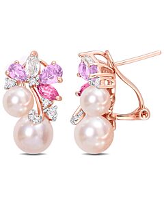 AMOUR Pink Cultured Freshwater Pearl & 2 1/2 CT TGW Rose De France and Topaz Earrings In18k Rose Plated Sterling Silver
