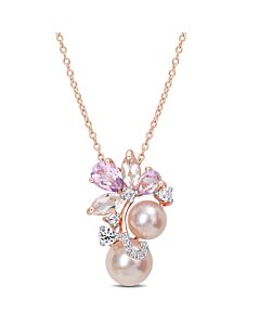 AMOUR Pink Cultured Freshwater Pearl & 2 1/3 CT TGW Rose De France and Topaz Pendant with Chain In 18k Rose Plated Sterling Silver