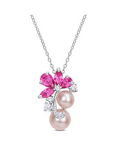 AMOUR Pink Cultured Freshwater Pearl & 3 1/8 CT TGW Created Pink and White Sapphire Pendant with Chain In Sterling Silver
