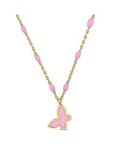 Amour Pink Enamel Butterfly Necklace In 14K Yellow Gold