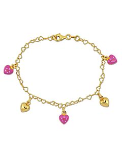 Amour Pink Enamel Heart Charm Bracelet in Yellow Plated Sterling Silver