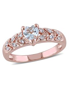 Amour Pink Silver 0.05 CT Diamond TW And 1/3 CT TGW Aquamarine Heart Ring