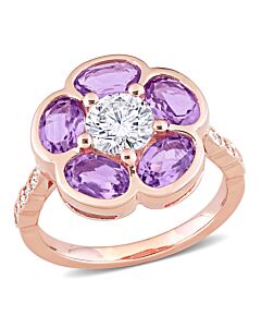 Amour Rose Gold Plated Sterling Silver 3 CT TGW Amethyst, White Topaz and Diamond Accent Floral Ring