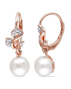 AMOUR 7.5 - 8 Mm White Cultured Freshwater Pearl and 1/10 CT TW Diamond Floral Leverback Drop Earrings In Rose Plated Sterling Silver